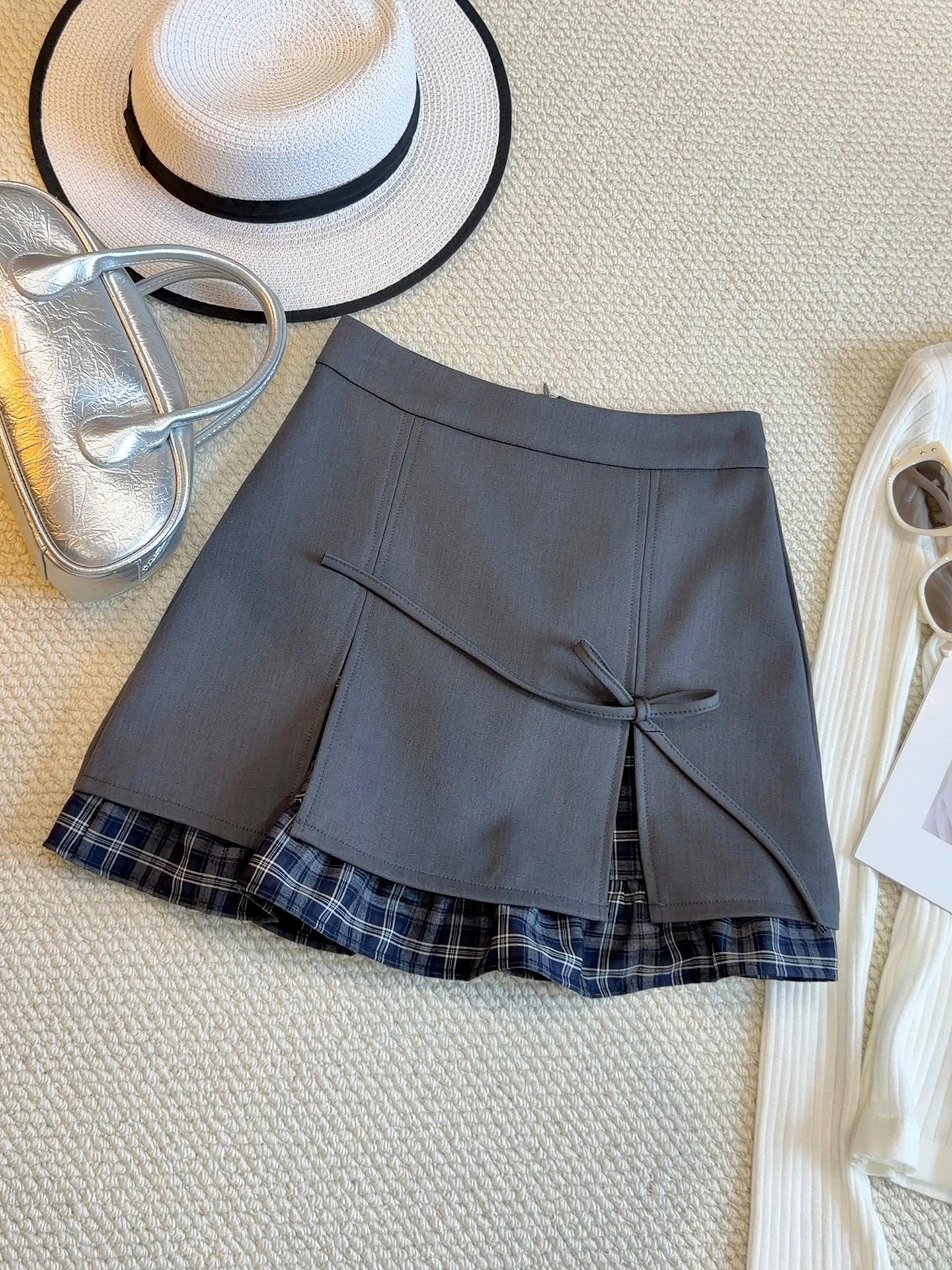 Elegant Grey Plaid Patchwork A-Line Slit Mini Skirt for Women – Spring 2026 Collection XL серый