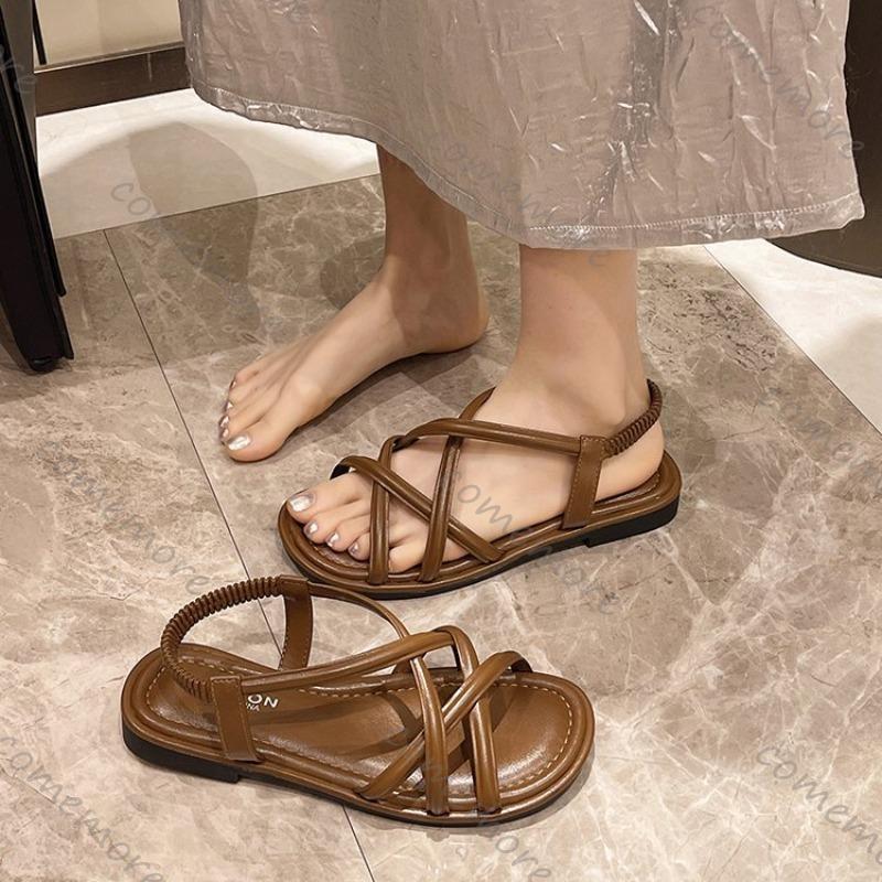 Fashion Comemore 2025 Summer New Flat Sandals Women Cross Strap Open Toe Elastic Women Shoes Casual Solid Beach Soft Bottom Sandales