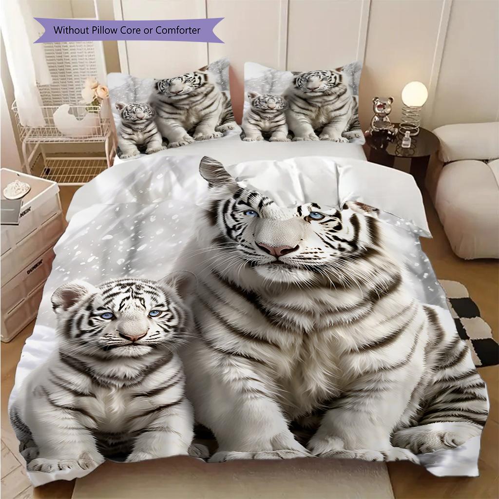 White Tiger Pattern Bedding Quilt Set Quilt Cover Pillowcase Home Decoration Birthday Gift (1 * Duvet Cover + 2 * Pillowcase, Without Core)