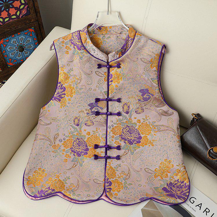 Zijden Jacquard Damesvest met Kikkerknopen - Nieuwe Chinese Stijl voor Lente & Herfst