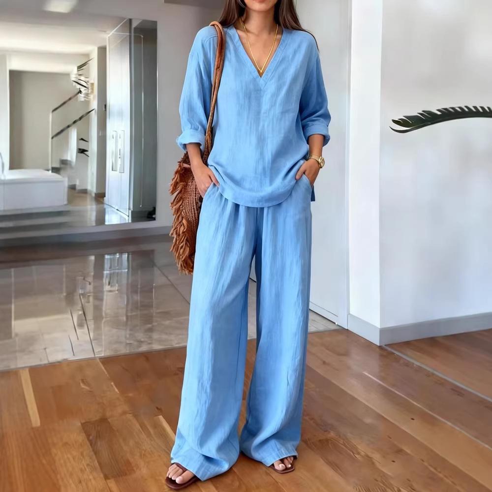 Women's V-neck Linen Texture Two-piece Set with Wide-leg Pants