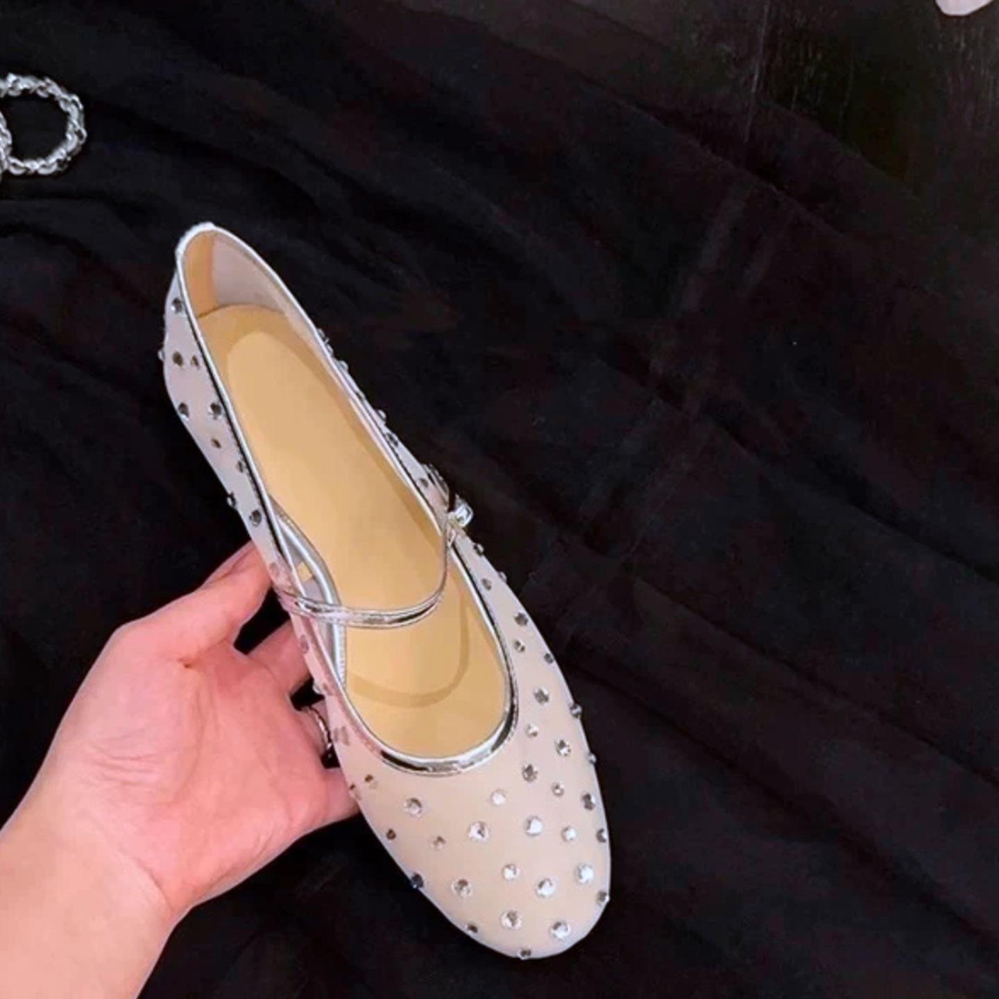 

Niche design mesh sparkling rhinestone hollow word Mary Jane shoes versatile breathable flat-soled single shoes women 41