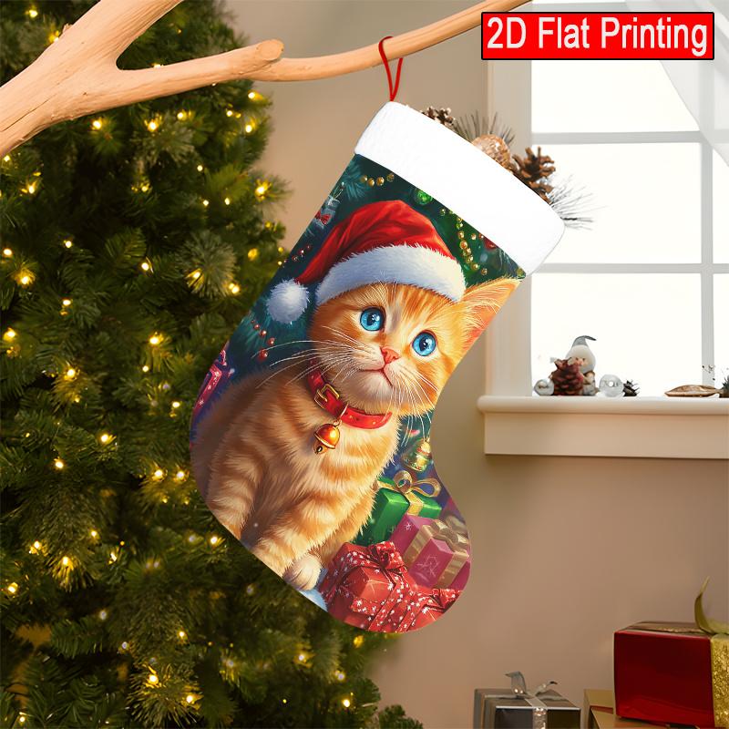 Christmas Decoration Fireplace Hanging Stocking Christmas Orange Cat 2D Flat Pattern Christmas Gift Socks, Chr