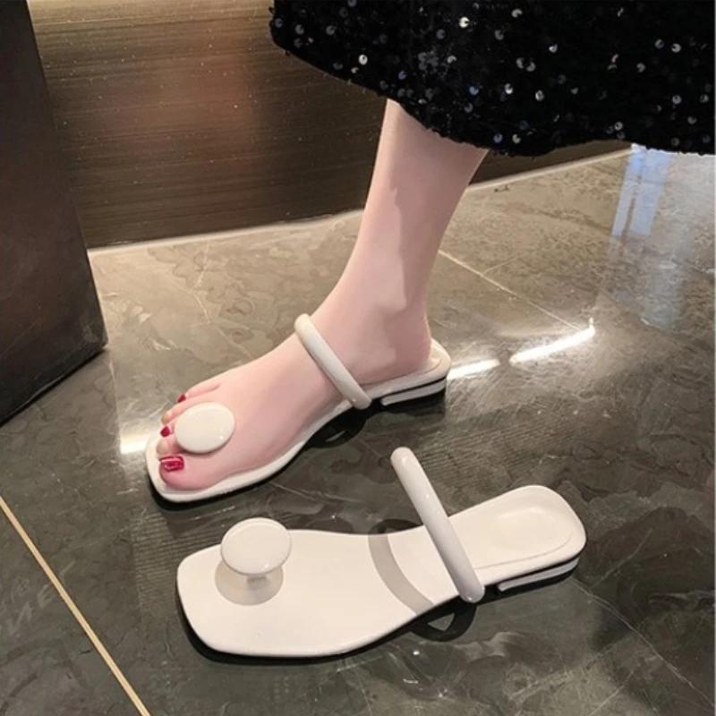 Summer Women New Square Head Flat Bottom Woven In-line Women's Large Size Beach Sandals/slippers All-match Leisure Slippers