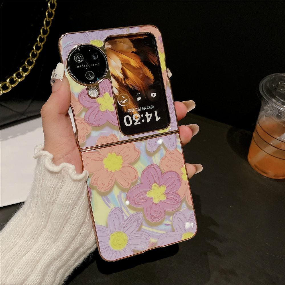 Luxury Gold Plating Painting Flower Case For OPPO Find N3 Flip Find N2 Flip Shockproof Hard Back Cover Fundas