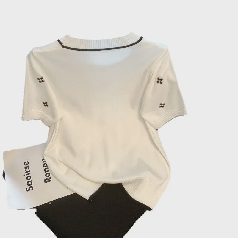 Summer 2023 Four-Leaf Clover Embroidered Ice Silk Knit T-Shirt