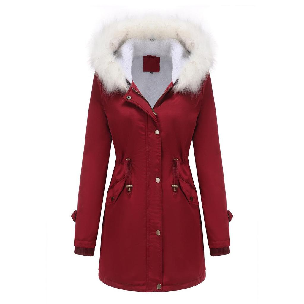 2023 Women's Detachable Fur Collar Parka: Long Sleeve Hooded Cotton Coat with Fleece Lining for Autumn/Winter