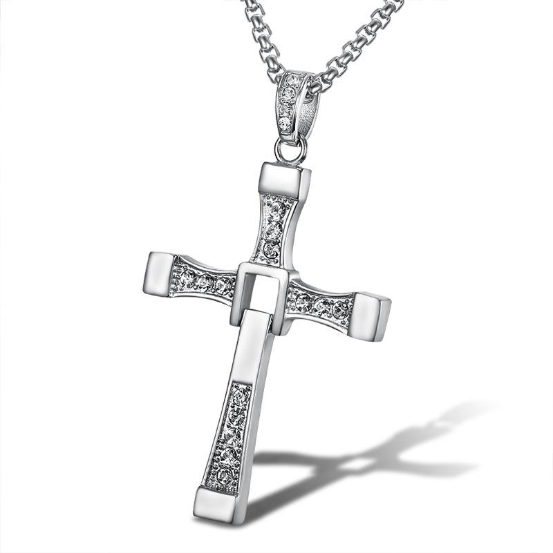 316L Stainless Steel Fast and Furious Movies Actor Dominic Toretto Rhinestone Cross Crystal Pendant Chain Necklace Men Jewelry