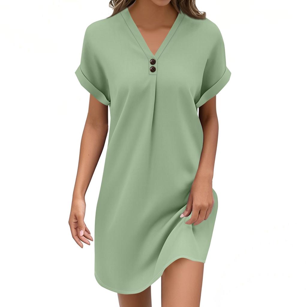 Women's Fashion V-neck Solid Color Pullover Casual Button Dress