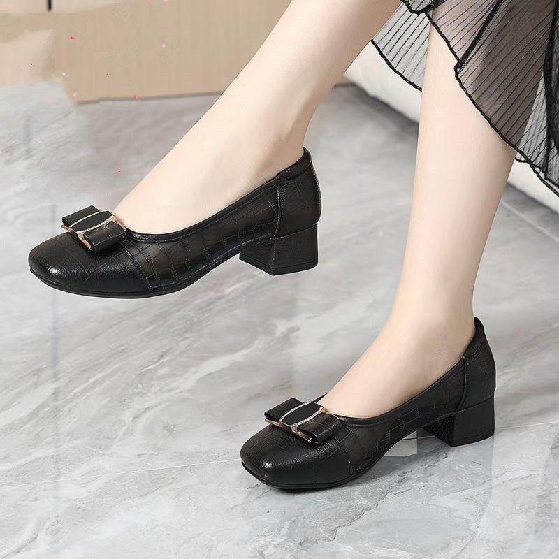 Woman Pumps Leather Casual with Medium Heels Shoes for Women Bow Square Toe Elegant Dress Young Popular Chic Point Footwear 39
