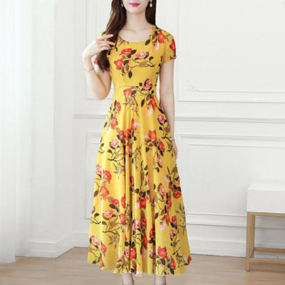 Bisiklet Yaka Kısa Kollu Belden Oturmalı Pileli Geniş Etek Yazlık Elbise Zarif Çiçek Desenli A Kesim Midi Elbise Kadın Giyim