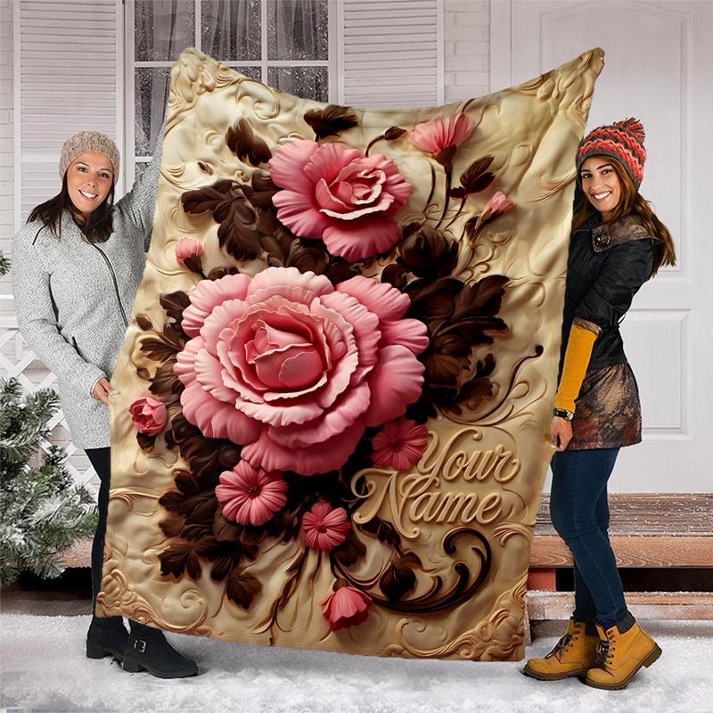 Custom Name Pink Floral Elegant Text. Flannel Fleece Blanket Cozy Warm Throw Blanket For Couch Bed Travel All Season Use