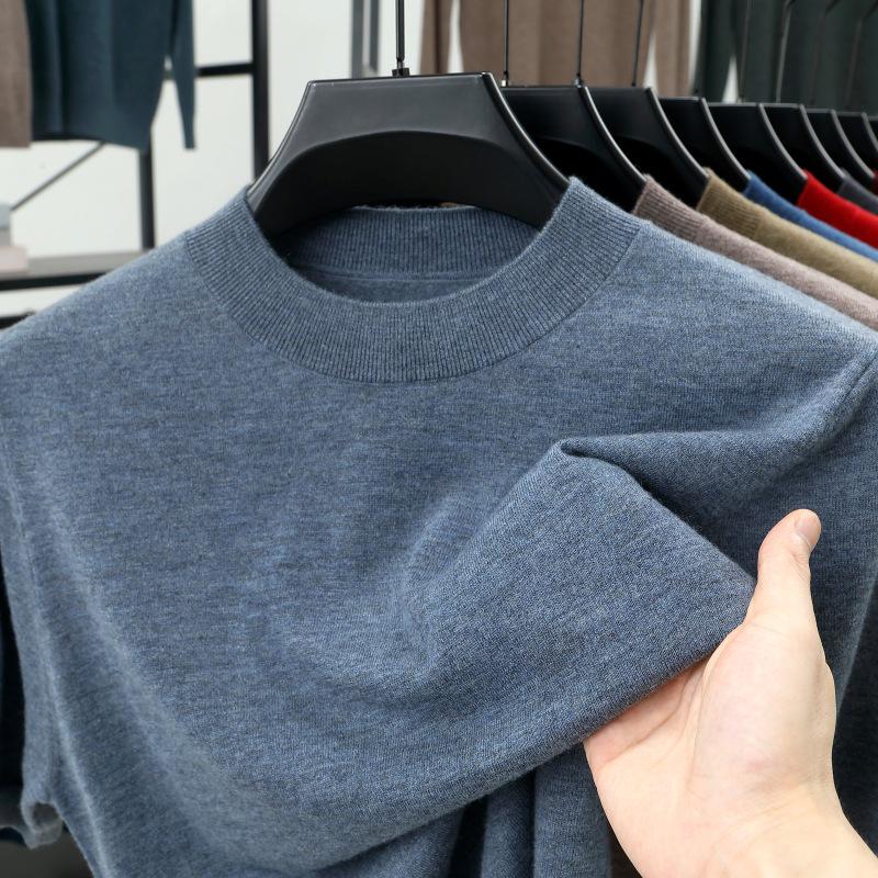 Men's 100% Wool Round Neck Sweater - Solid Color, Long Sleeve, High-End Casual Base Layer for Autumn/Winter