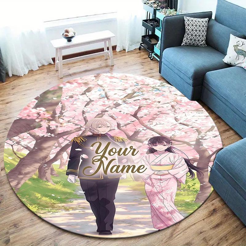 Cherry Blossom Journey Custom Name Round Area Rug Carpet Rug For Living Room Bedroom Sofa Playroom Decor Nonslip Floor Mat