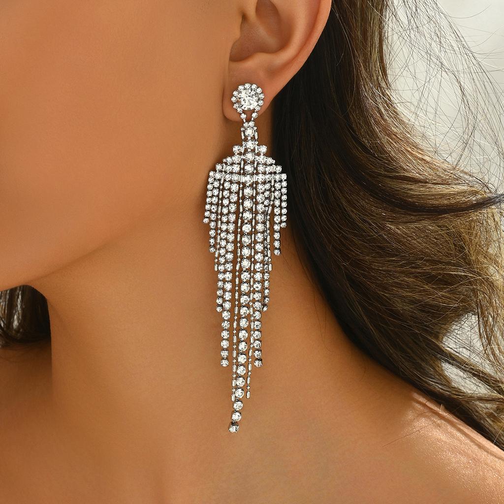 Simple style geometric earrings women's personality inlaid with diamonds design long fringed earrings versatile earrings women