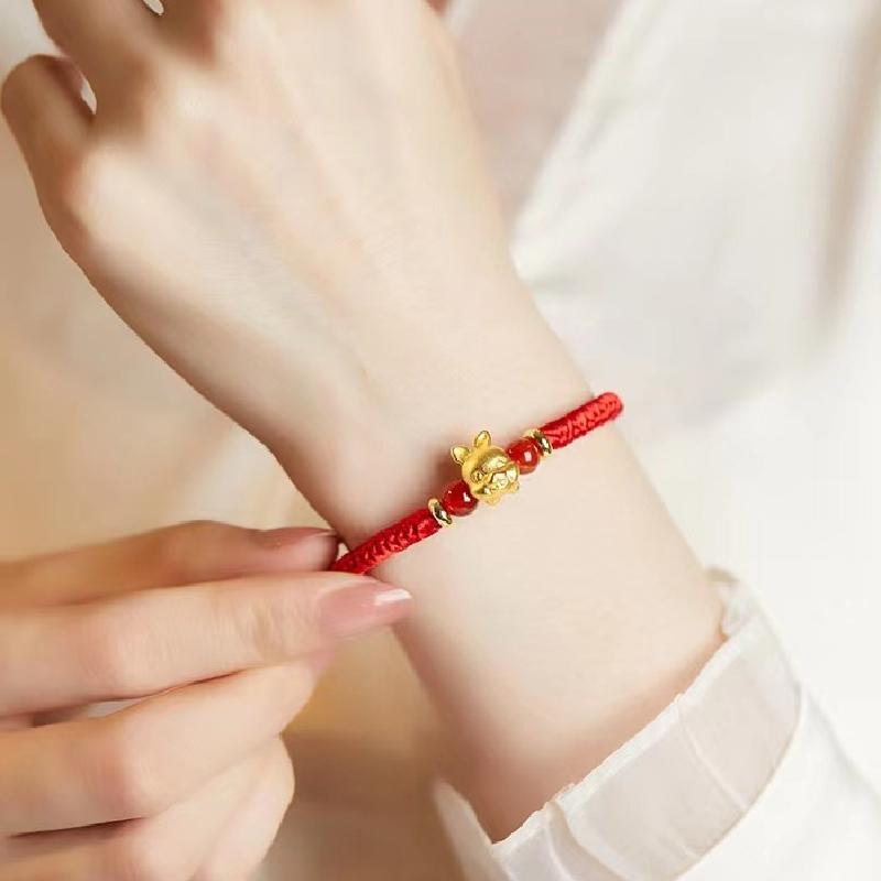 Pulsera de la suerte tejida con animales de los 12 signos del zodíaco, hecha a mano, para hombres y mujeres, cuerda roja, cuentas de color dorado, pulsera, joyería