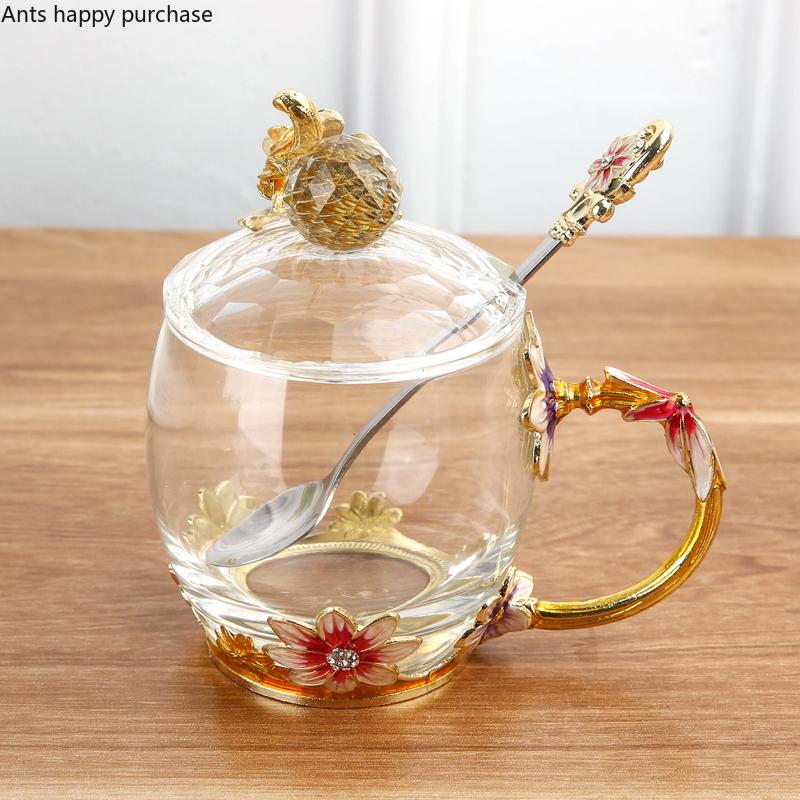 Emaliowany Kolorowy Kubek do Herbaty z Kwiatami Domowy Kubek do Wody Salonowy Kubek do Kawy Kryształowy Szklany Kubek do Herbaty z Pokrywką i Łyżeczką Naczynie do Napojów z Uchwytem