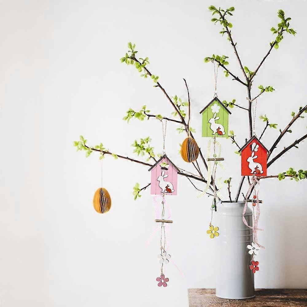 3 Pieces Spring Wooden Easter Bunny Decoration Easter Decoration, Rabbit House Easter Pendant,Wooden