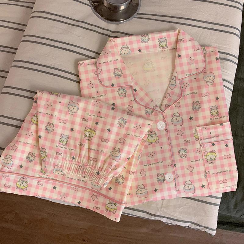 Cute Self-Deprecating Bear Pajamas Women'S Summer Short-Sleeved Sweet Pink Plaid High-Value Loungewear Suit