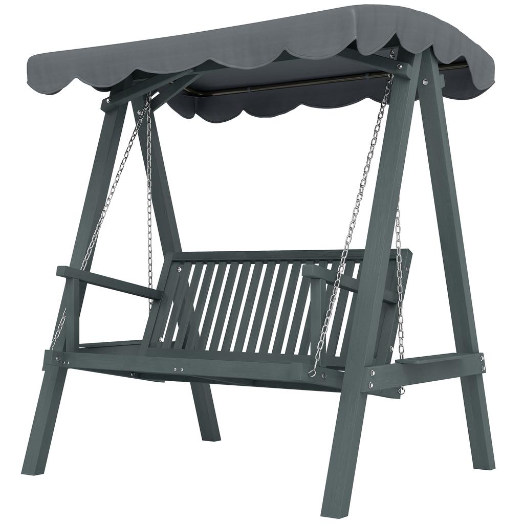 2 Seater Garden Swing Seat with Canopy, Wooden Swing Chair, Outdoor Hammock Bench for Balcony Patio Porch, Grey