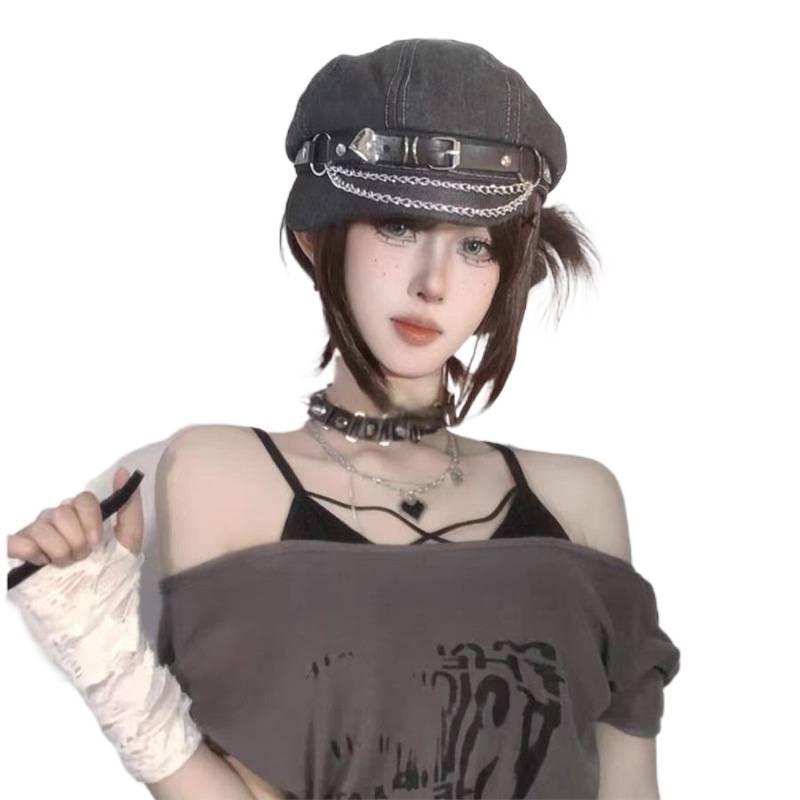Y2K Millennium Katzenohren Schiebermütze - Coole Metallketten Baskenmütze für Damen