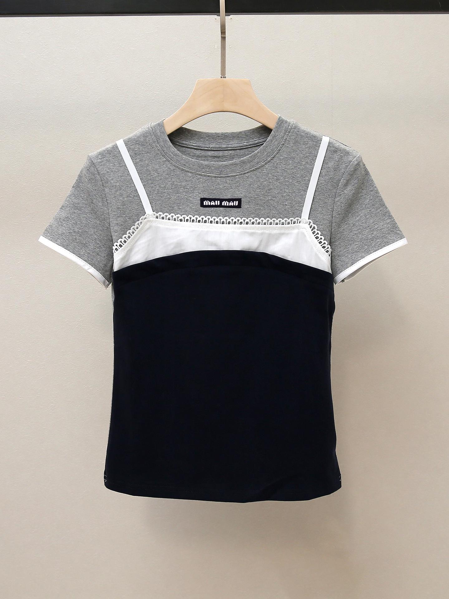 

High-End Preppy Style Women s Multilayer Slimming Short Sleeve Top Large темно-синий