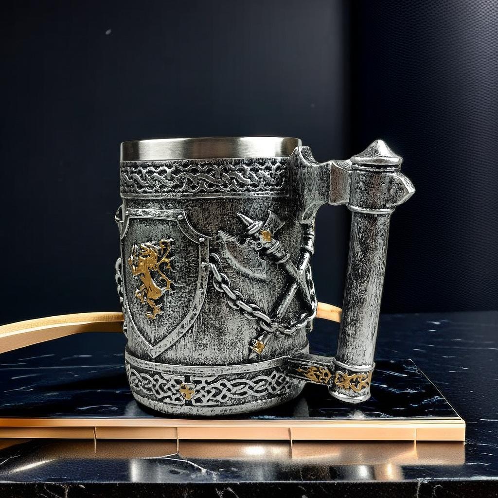 Medieval Viking Axe Mug, British Golden Lion Shield Beer Mug Stainless Steel Coffee Mug Tomahawk Beer Mug