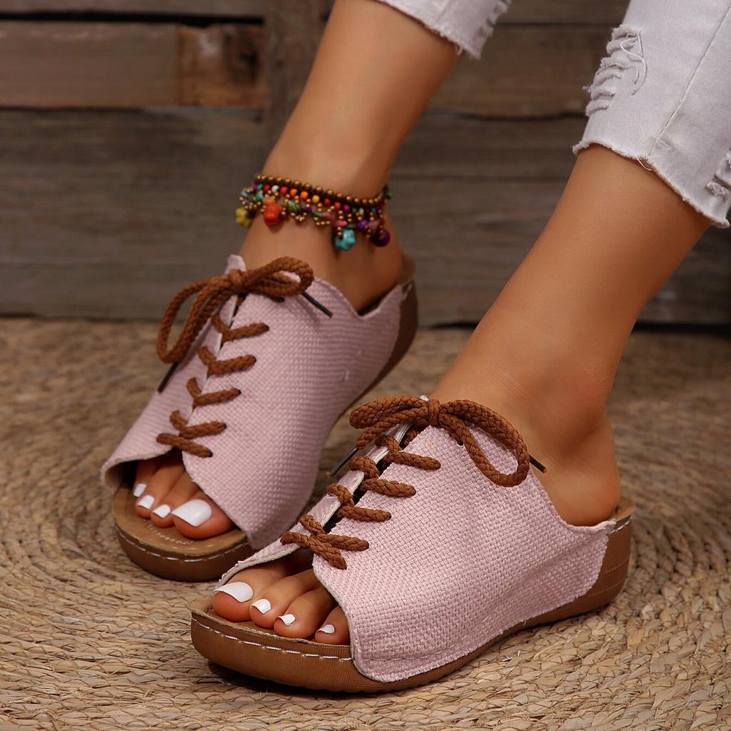 2024 Summer New Slope Heel Color Block Knitted Slippers for Women's Large Grass Knitted Lace Up Heightening Women's Thick Sole Simple Sandals