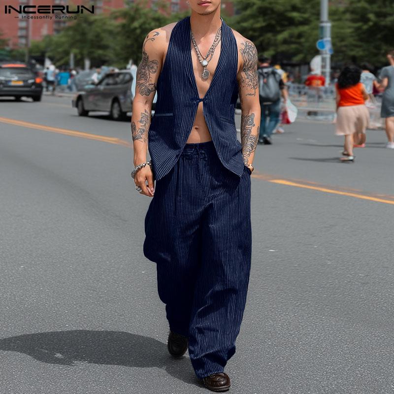 INCERUN Two Pieces Men Striped Sleeveless Vest and Zip-up Long Suit Pants Sets