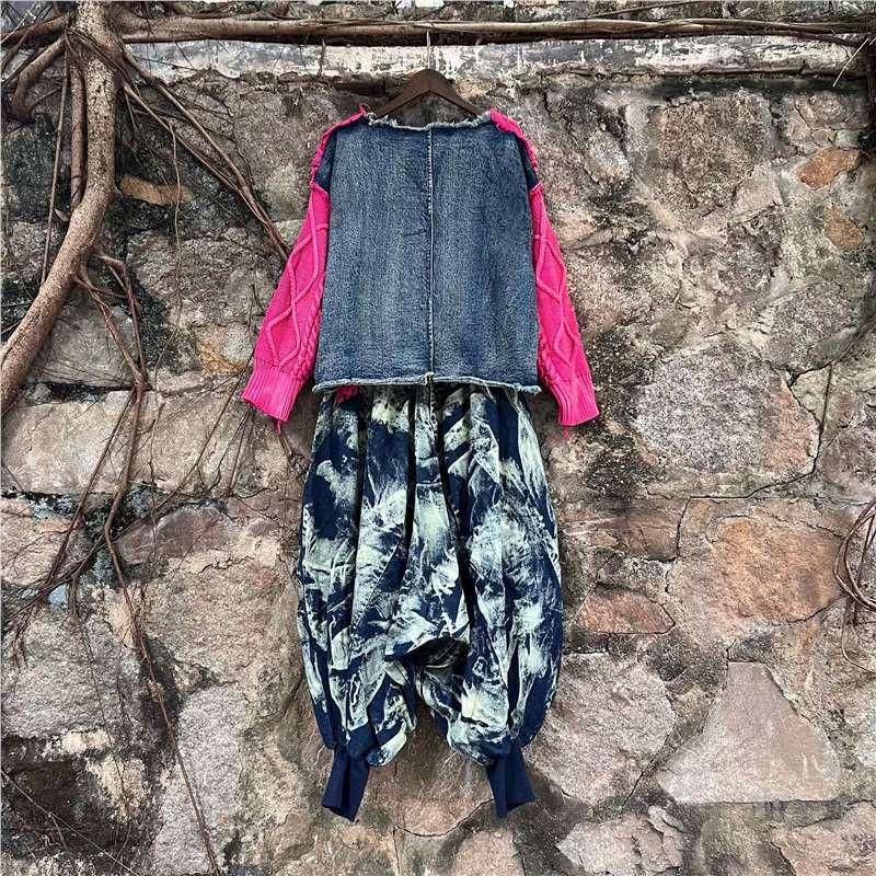 Womens 2-Piece Set Denim Knit Sweater Tassel Joggers Streetwear 2026