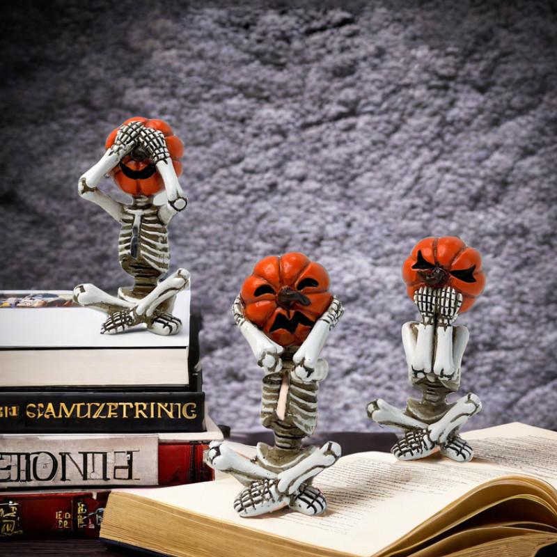 Delightful White Pumpkin Skull Set Three Resin Figurines Perfect For Halloween Parties