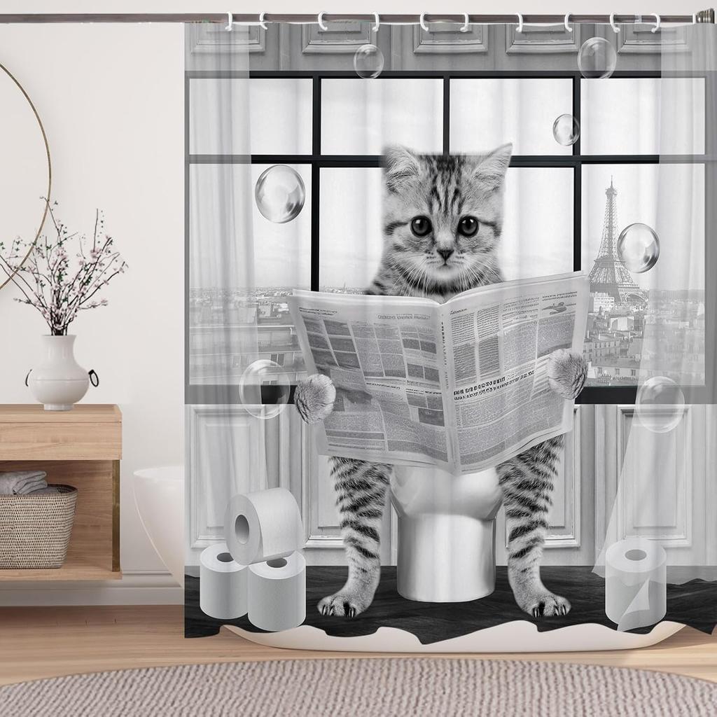 Japanese Cat Shower Curtain, Vintage Anime Sunset Wave Art, Waterproof Fabric With Hooks