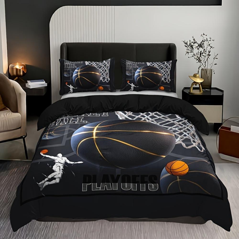3pcs Black Bedding Set Basketball Dunk 3D Print Cozy Duvet Cover Set King Queen Twin Single Size Birthday Gift Boy Bedroom Decor