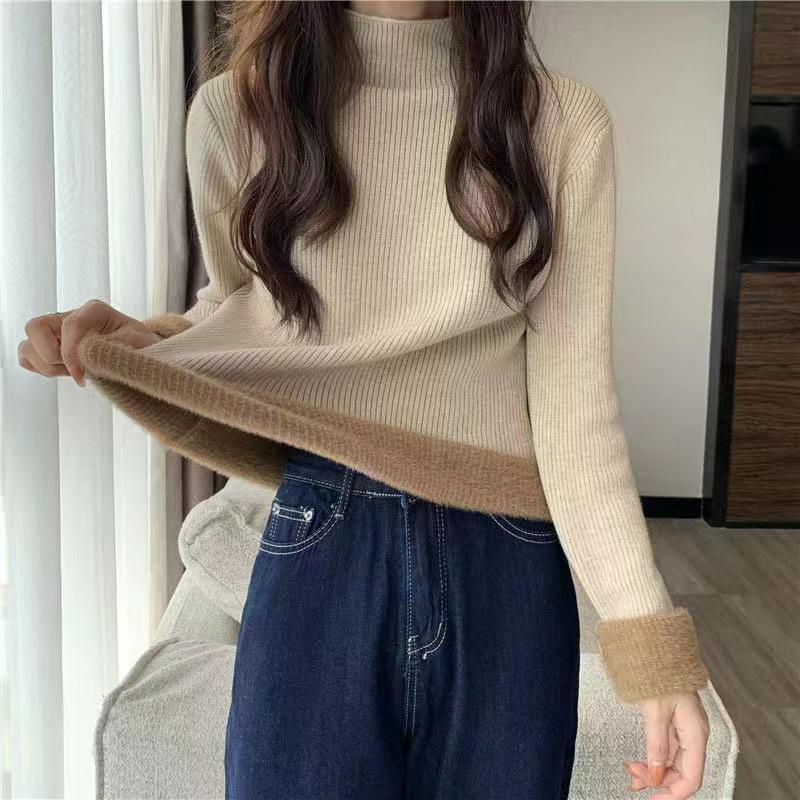 Women's Thick Velvet Half-High Collar Pullover: Slim Fit, Warm Autumn/Winter Knit Top