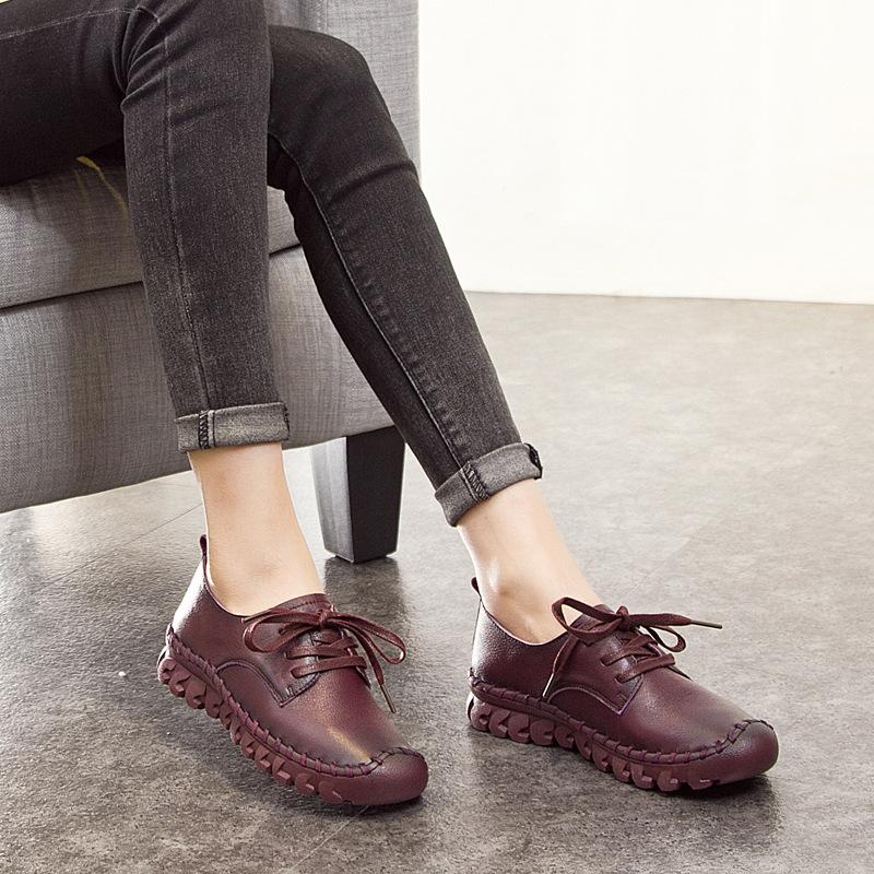 Leather Soft-soled Lace-up Single Shoes Women's New First-layer Cowhide Flat-soled Mother Shoes Casual Shallow Mouth Non-slip Maternity Shoes Summer