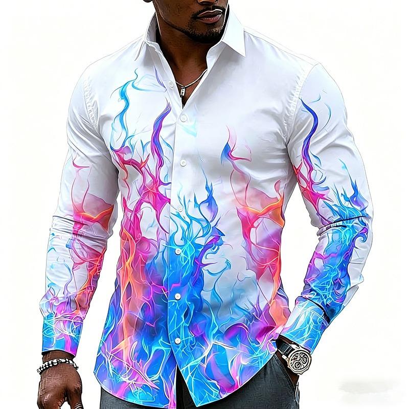 Mens 3d Flame Print Long Sleeve Casual Fashion Hawaiian Shirt