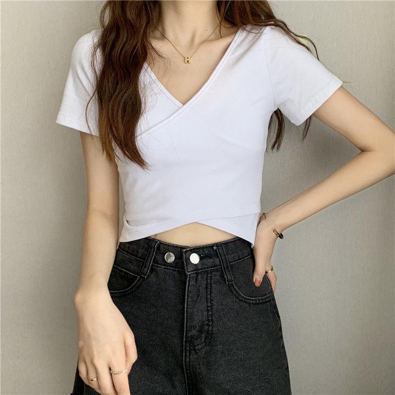 2025 Summer Slim Fit Cross-Match Short-Sleeve Solid Color Korean Style Women's T-Shirt