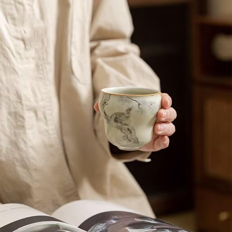 Secret Huang Ru Kiln Furong Press Cup Master Cup Chinese Ceramic Tea Set Tea Cup Ru Porcelain Tea Cup Retro Single Tasting Tea Cup