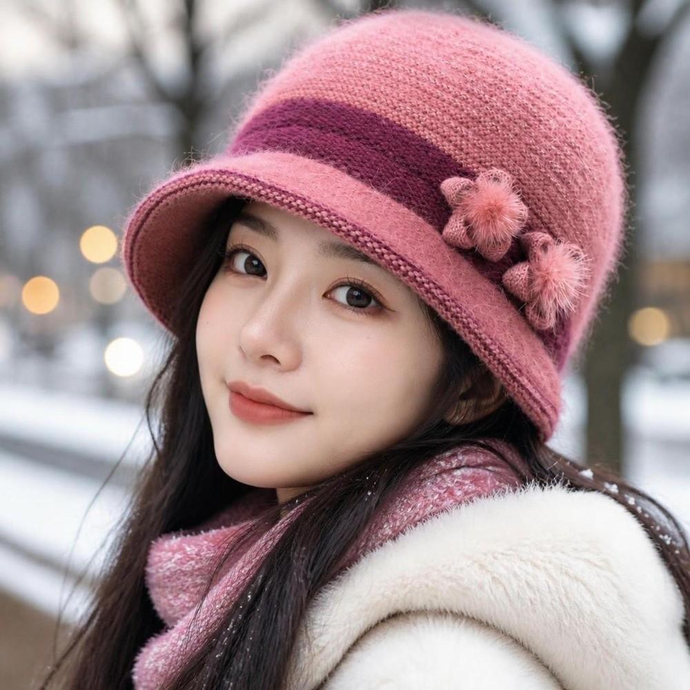 Windproof Floral Decor Hat Warm Knit Basin Cap Fashion Middle-aged Elderly Bucket Hat Winter