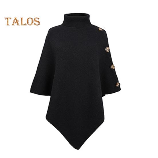 Women Sweater Tops High Collar Solid Color Cape Style Sweater Coat Button Decoration Loose Fit Casual Commuting Knitting Top