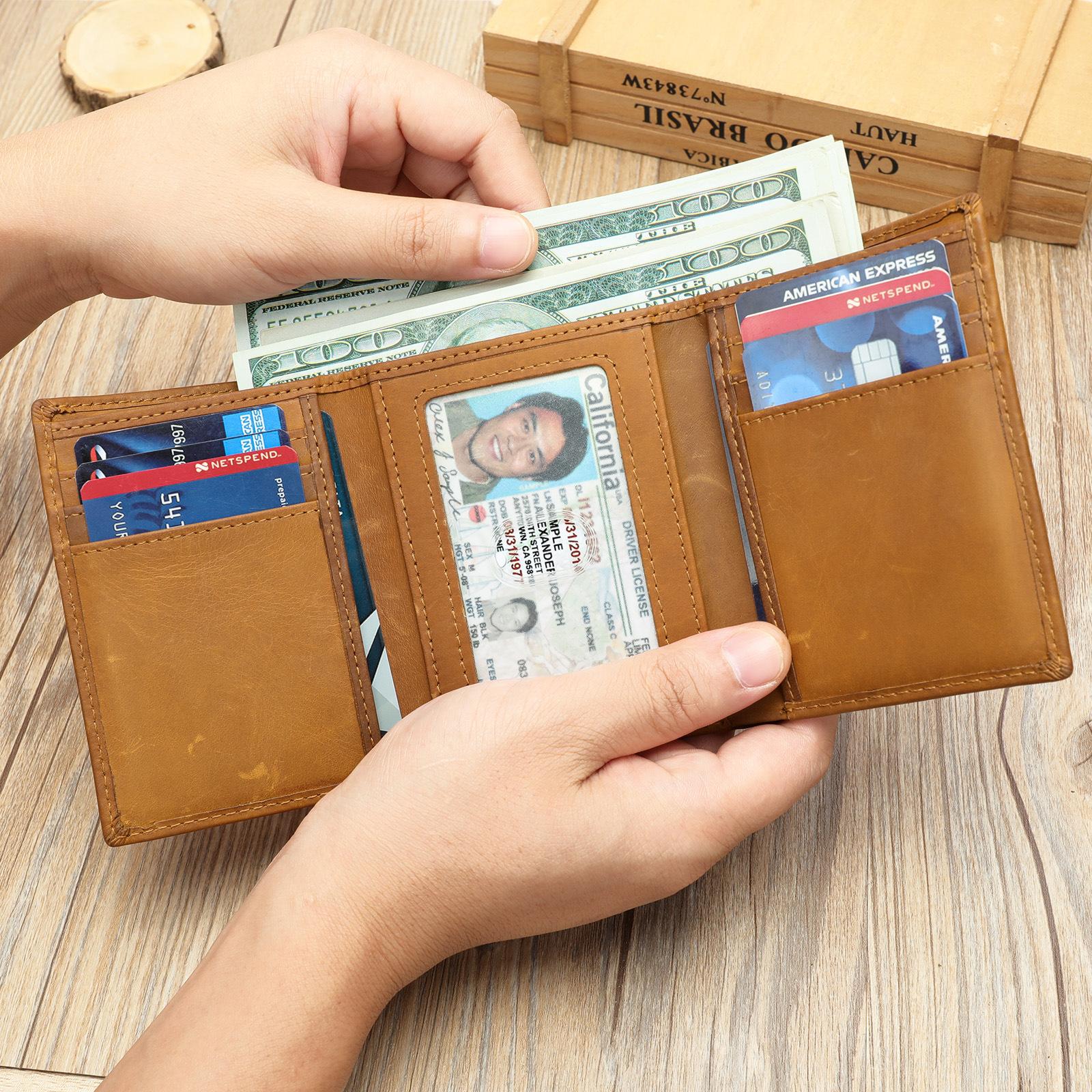 

Мужской кошелек из натуральной кожи Crazy Horse, классический кожаный кошелек с коротким зажимом для денег в три сложения коричневый