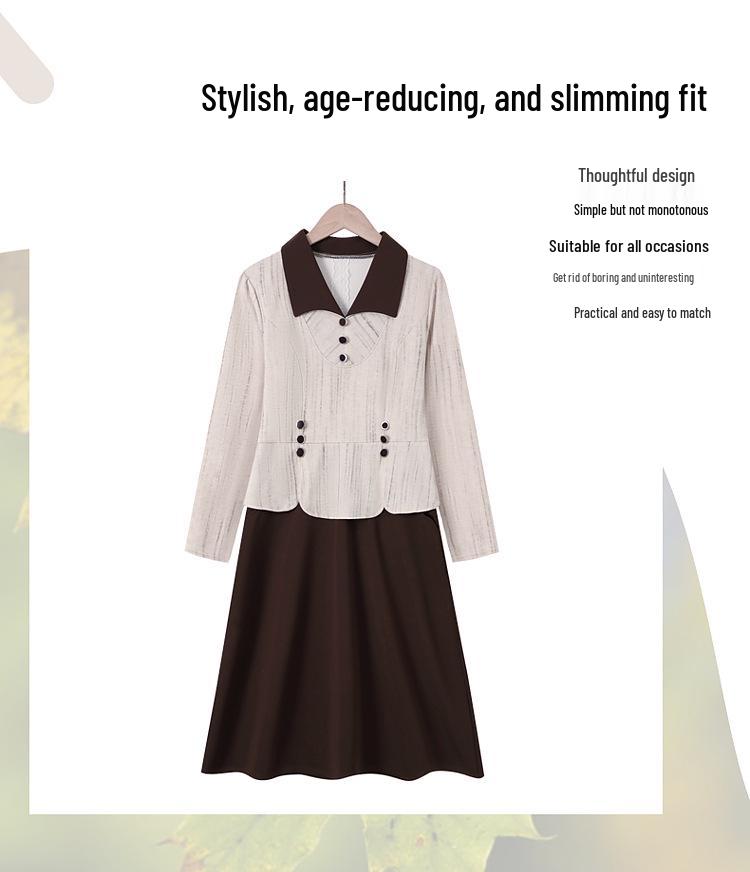 Spring & Autumn 2025 Women's Petite Shirt Collar Dress for Middle-Aged and Elderly - Fake Two-Piece Design
