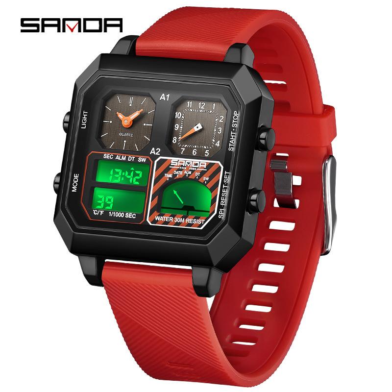 SANDA 6210 Men's Electronic Watch Square Multifunctional Temperature Date TPU Strap Digital Display Wrist Watches for Male