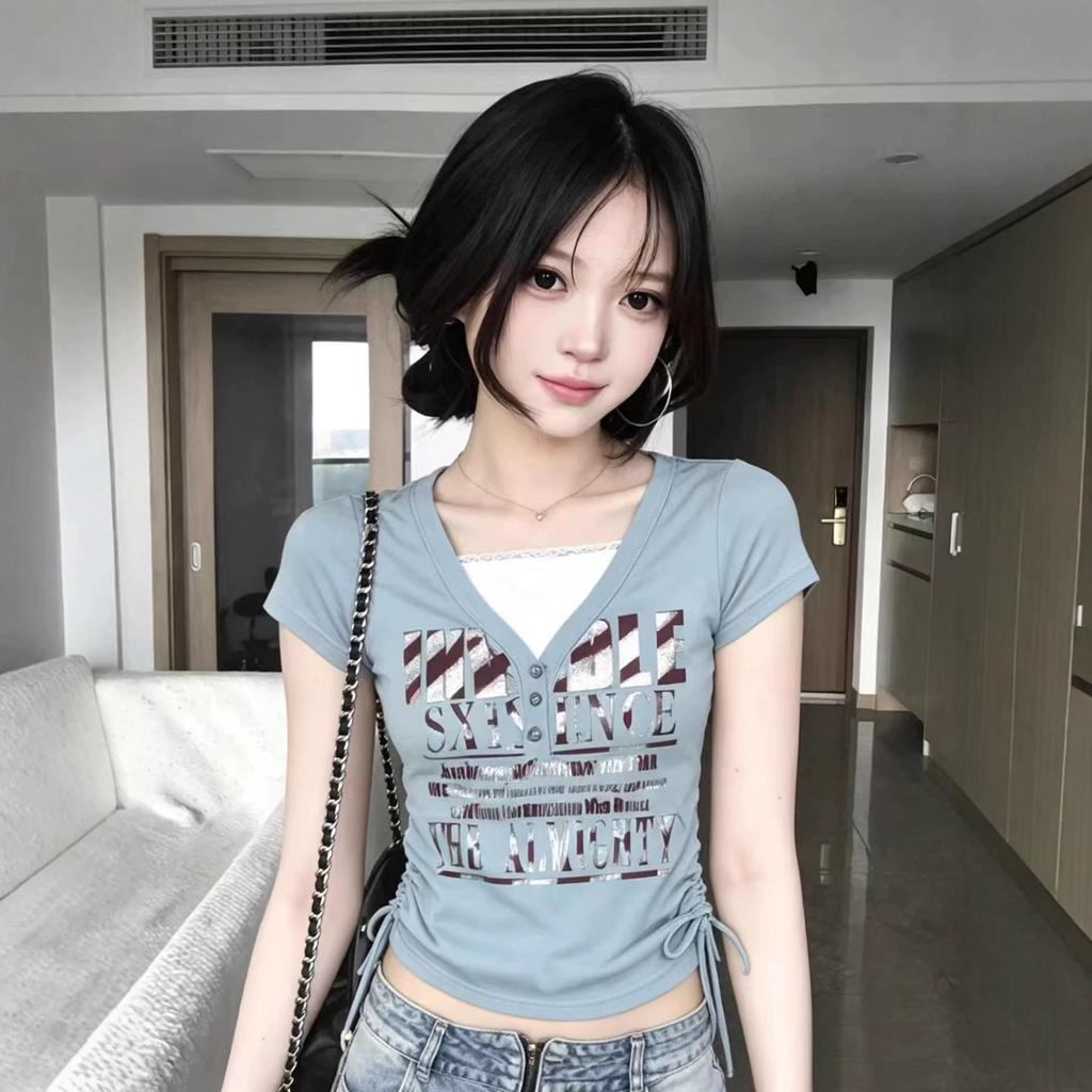 American V-neck Lace Short-sleeved T-shirt Women's Summer New Slim and Thin Drawstring Design Top Trendy