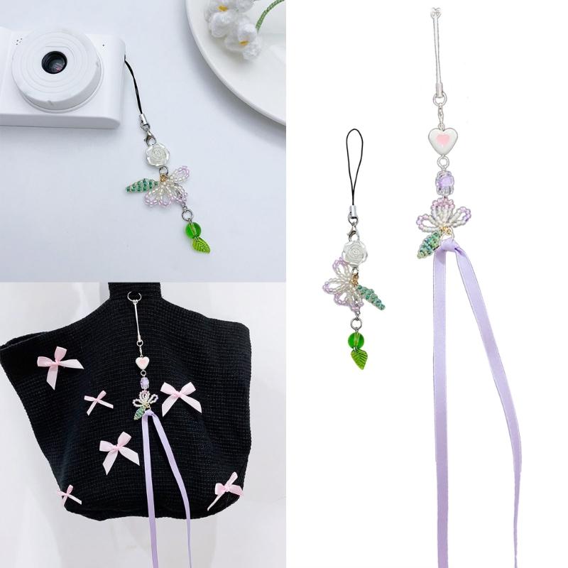 Handmade Floral Charm Lanyard Fashionable Beaded Floral Phone Chain with Unique Handmade Charm Keychain Charm Accessory