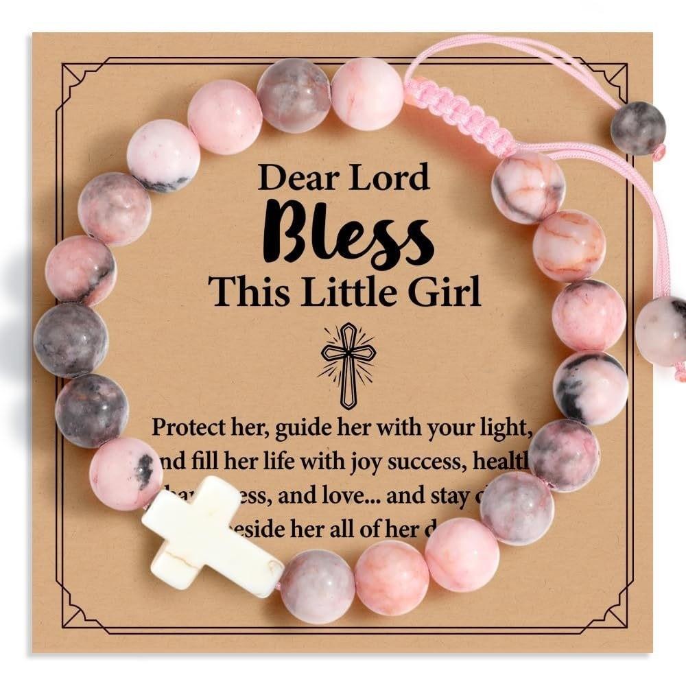 Fashion Adjustable Pearl Beaded Bracelets with Bless Card Handmade Cross Stone Bracelet Birthday Gifts Christian Bracelet For