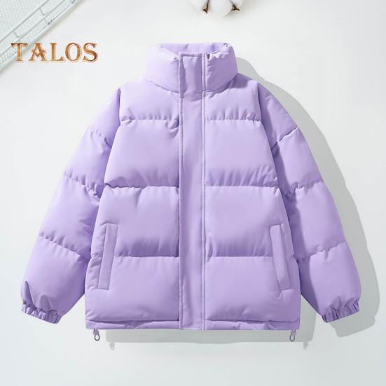 Men Cotton Coat Stand Collar Long Sleeve Solid Color Zipper Placket Quilted Jacket Drawstring Hem Thickened Loose Fit Outwear