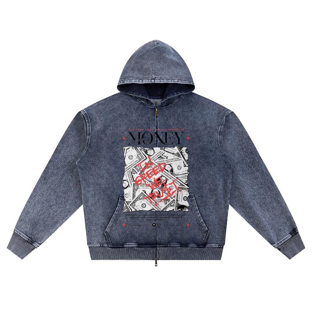 DTG Print Knitted Denim Zip-Up Hoodie Money Brother Print Zipper Hoodies