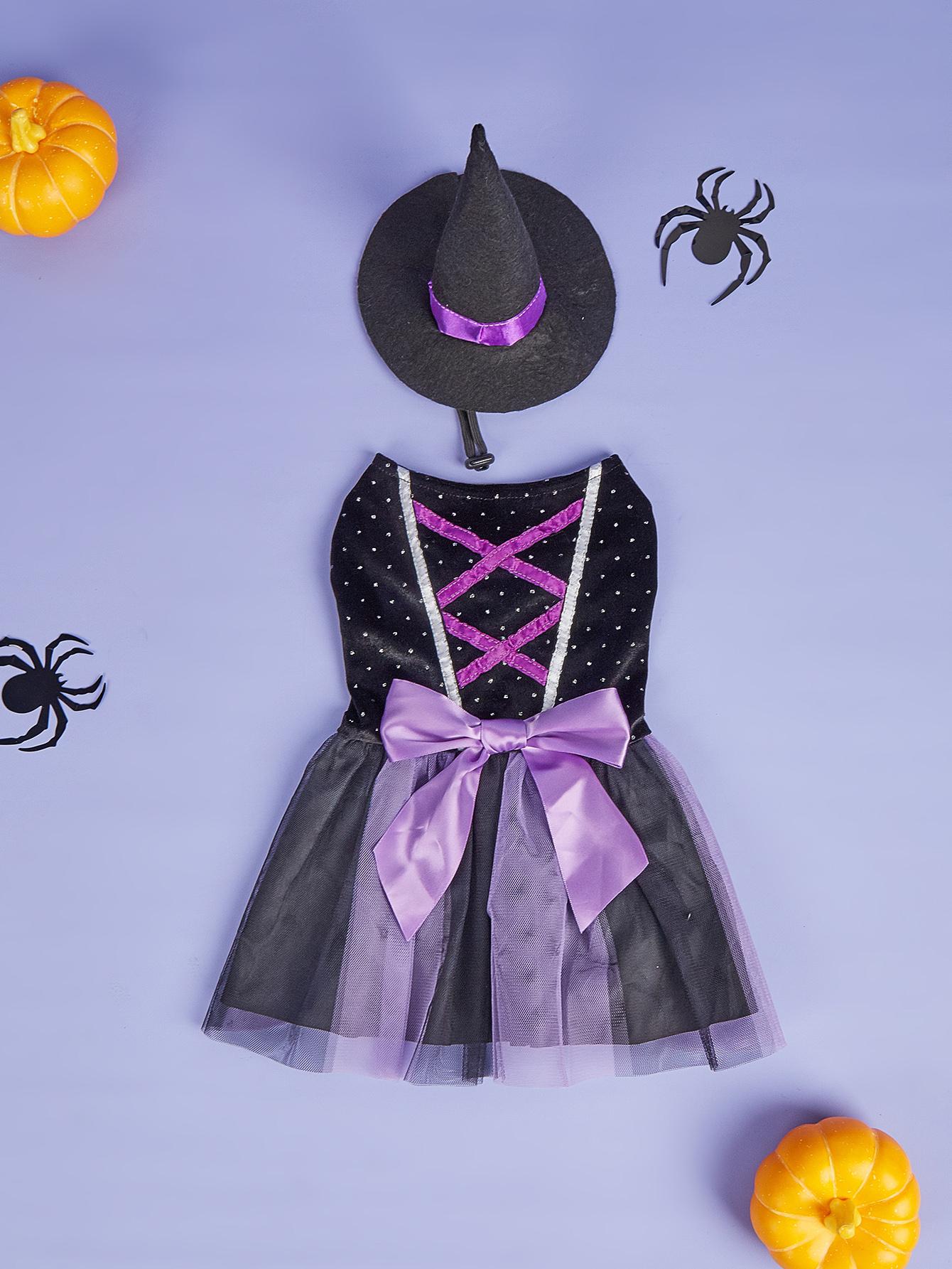 

Velvet Halloween Dog Dress with Witch Hat Holiday Theme Dog Tutu Dresses for Small Dogs Girl Halloween Cat Costume Adjustable Wi XS（old） чёрный