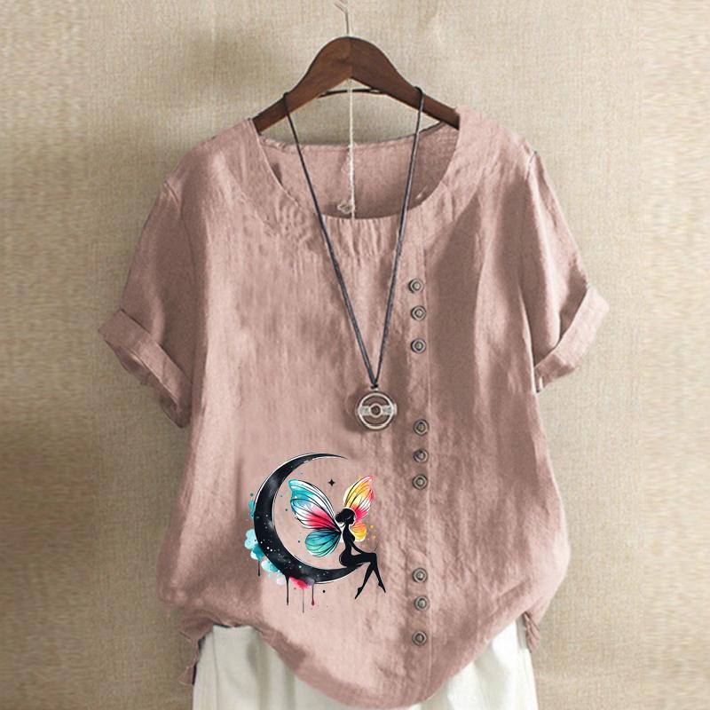 Women's Fashion Cute Butterfly Prined Short Sleeve T-shirt Loose Cotton Shirt Casual Loose Summer Blouse Tops Plus Size